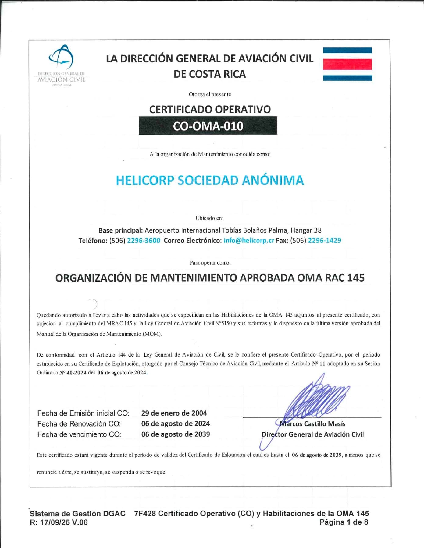 DGAC Costa Rica Operating Certificate