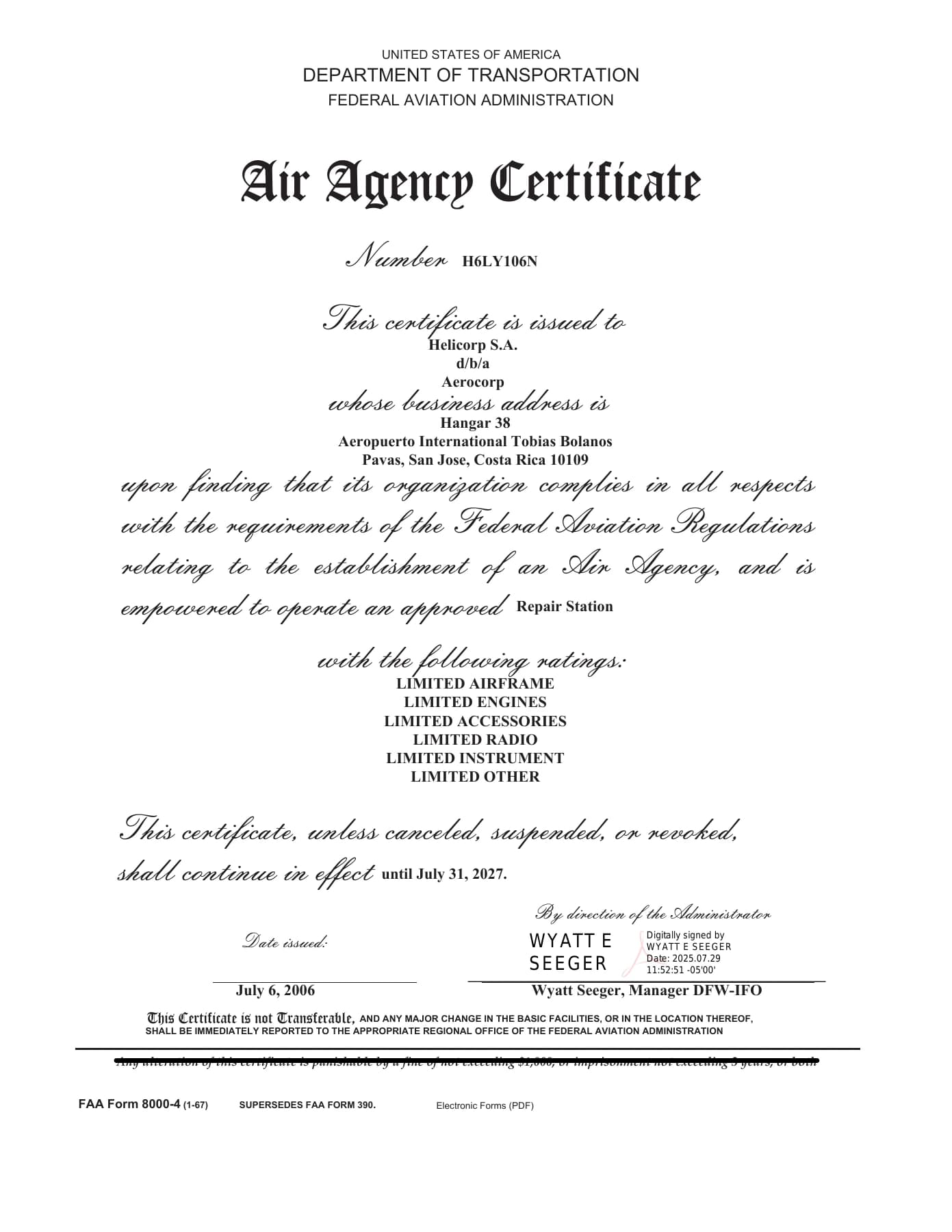 FAA Air Agency Certificate